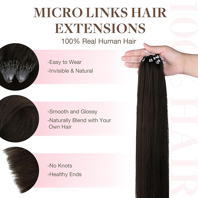 GOO GOO Micro Link Tip Hair Extensions Real Human Hair, 16 inch 50g 50S, Cold Fusion, Invisible Remy, 2 Dark Brown