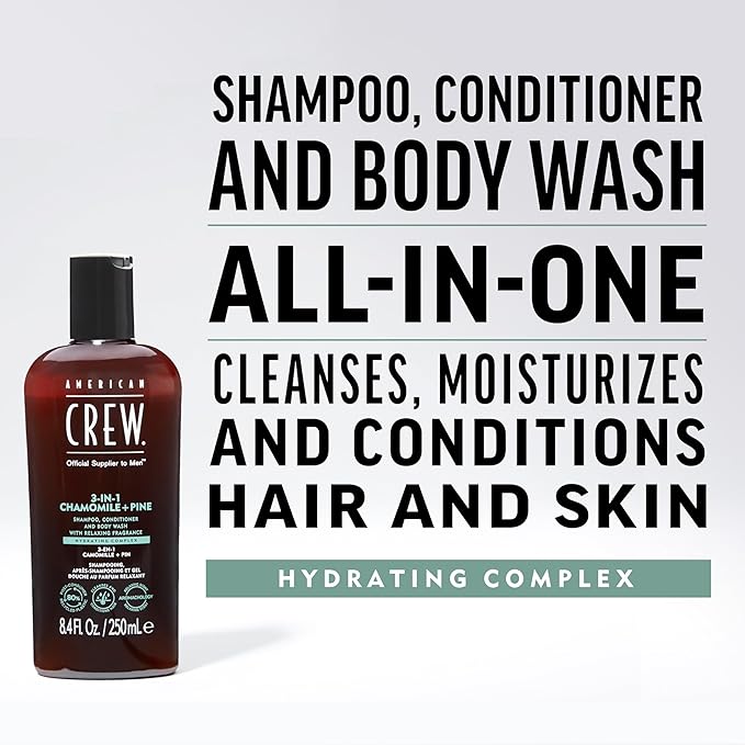 AMERICAN CREW 3-in-1 Chamomile & Pine, Shampoo, Conditioner & Body Wash for Men, Hair Care Gift for Him, Calming and Relaxing Fragrance, 8.4 fl oz