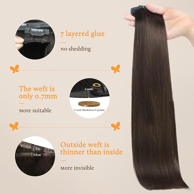 DOORES Seamless Clip-in Real Human Hair Extensions, Light Dark Brown 22 Inch 7pcs 110g, Invisi Edge Straight Hair