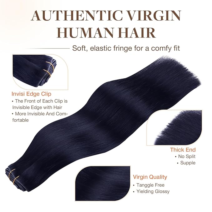 GOO GOO Invisi Edge Clip in Hair Extensions 16inch 120g 7Pcs Injected Seamless PU Clip in Hair Extensions, Virgin Real Human Hair, #1G Blue Black