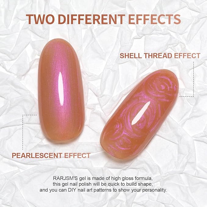 RARJSM Pearl Gel Nail Polish,15ML Dark Orange Pearlescent Gel Polish,Purple Shimmer Glitter Gel Polish Mermaid Nail Gel Polish Soak Off LED UV Drawing Swirl Thread Effect for DIY Manicure Use