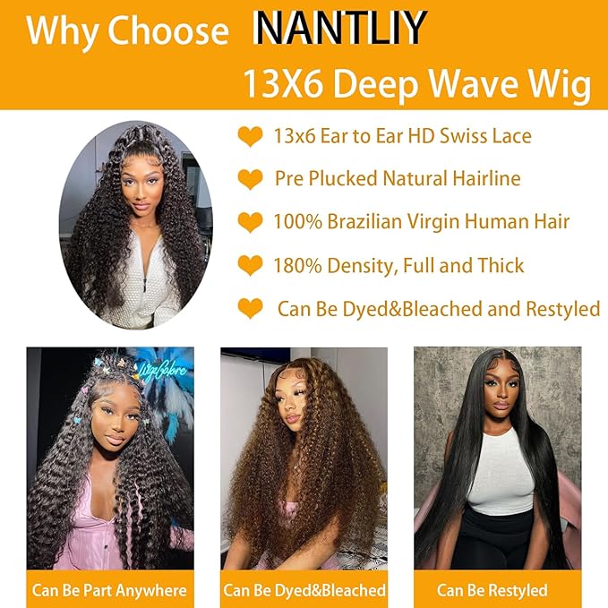 Deep Wave Lace Front Wigs Human Hair 200 Density 13x6 HD Lace Frontal Wigs Human Hair Pre Plucked Deep Curly Glueless Wigs Human Hair for Women Natural Black 24Inch