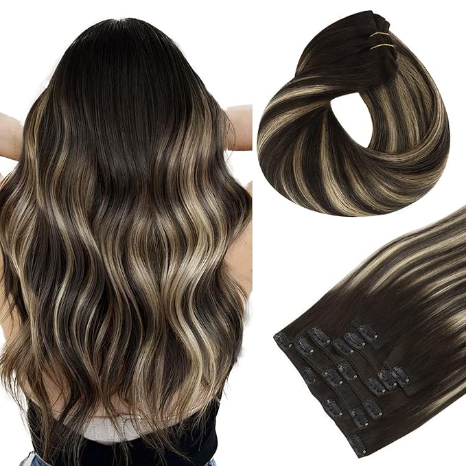 HOTBANANA Human Hair Clip in Hair Extensions, Balayage Natural Black to Light Blonde 120g Clip in Hair Extensions Real Human Hair Straight Remy Hair Clip Ins Dark Roots Ombre 14 Inch 7pcs