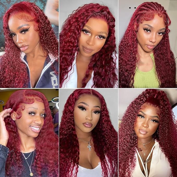 99J Burgundy Deep Wave Lace Front Wigs Human Hair Pre Plucked 13x4 HD Lace Front Wigs for Black Women 24 Inch Red Colored Deep Curly Wet and Wavy Glueless Human Hair Wig