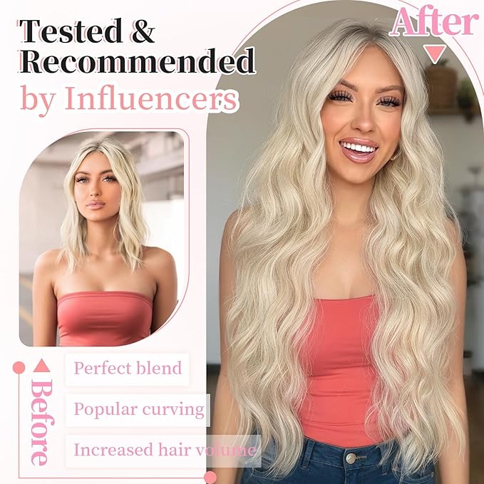 KooKaStyle Clip in Synthetic Hair Extensions Long Wavy 4PCS Thick Hairpieces Platinum Blonde Fiber Double Weft Natural Hair Extensions 24 Inch for Women
