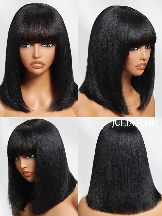 Julia Hair 10 Inch Light Yaki Straight Bob Wig with Bangs Human Hair Glueless 2x4 HD Lace Realistic Short Black Ready to Wear Blunt Cut Bob Wigs Natural for Black Women Beginner Friendly