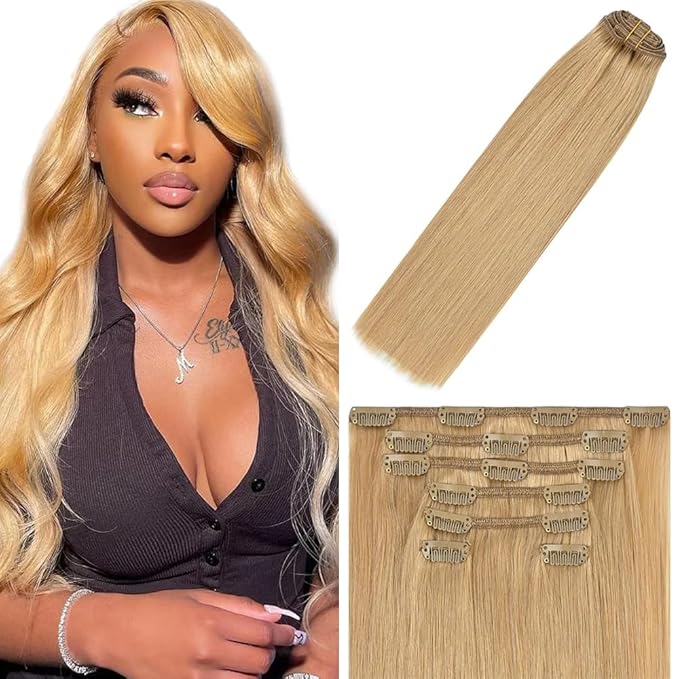 28 Inch #27 Blonde Clip in Hair Extensions - Real Remy Human Hair, 120g 7pcs, Honey Blonde Human Hair Extensions Clip ins for Women