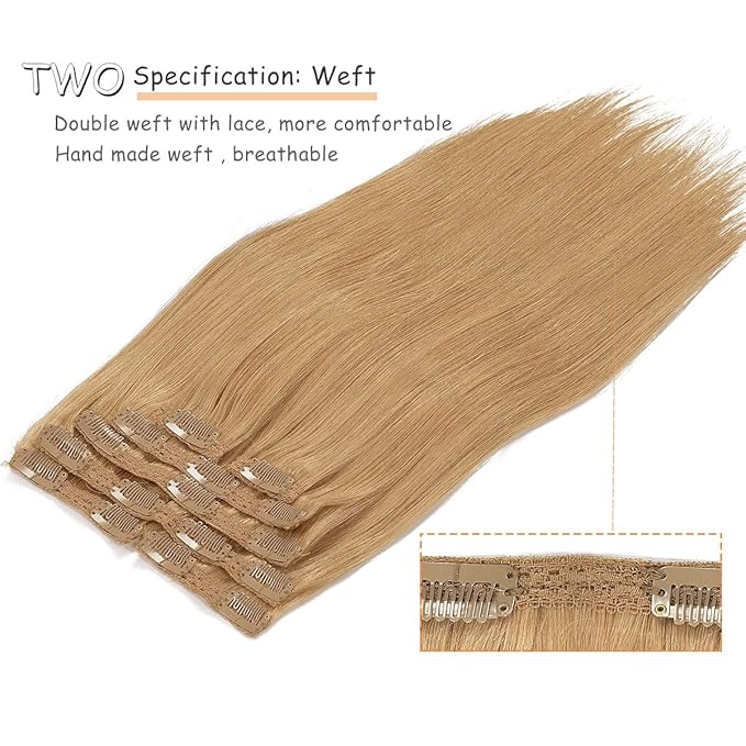 Caliee Remy Hair Extensions Clip in Human Hair Silky Straight Thick Ends Color 27 Caramel Blonde Clip in Hair Extensions Human Hair for Full Head Invisible Lace Weft 120 G 18 Inch