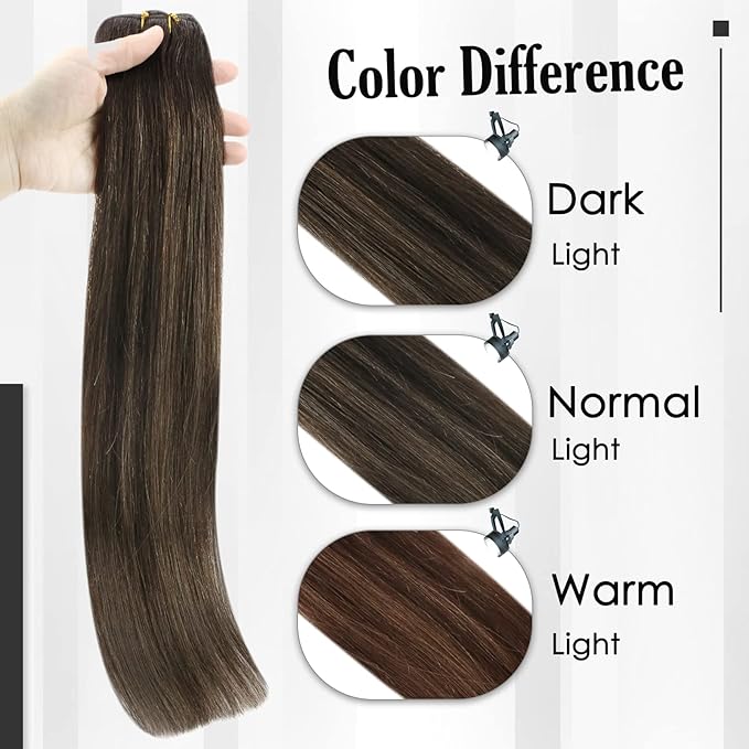 Full Shine Dark Brown Clip in Hair Extensions Ombre Human Hair Extension Brown Balayage 18 Inch Straight Lace Hair Extensions Real Human Hair Invisible Clip ins 3 Pcs 60 G