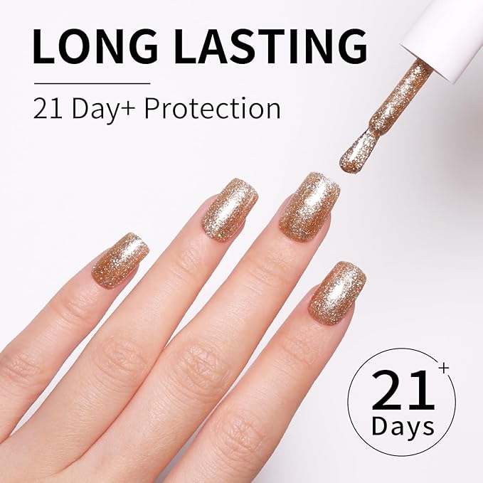 Champagne Gold Gel Polish Glitter Hema Free 0.34 OZ Same Color Same Top Cover Gold Reflective Sparkle UV Polish Christmas Manicure Art DIY