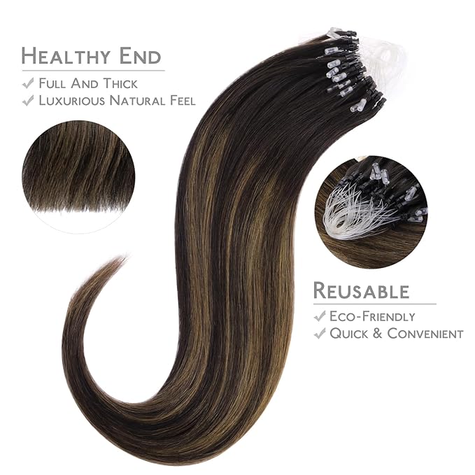 WENNALIFE Microlink Hair Extensions Human Hair, 50g 50s 16 Inch Balayage Dark Brown Mixed Chestnut Brown Remy Hair Microbead Micro Link Microloop Microring Invisible Straight Natural Fusion