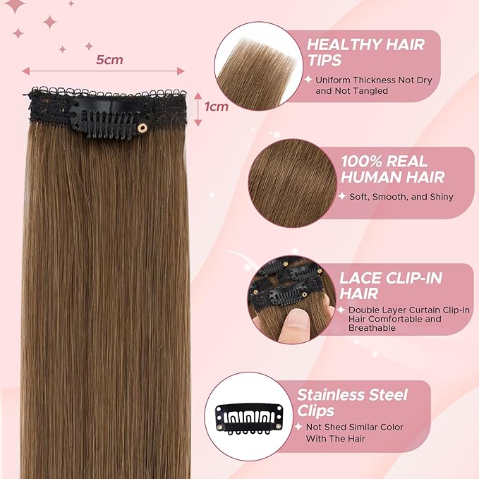 Clip in Hair Extensions Real Human Hair for Women, 16 Inch 40g 6pcs, Medium Brown, Straight - Highlight, Add Volume and Length for Daily Wear, Parties, Weddings