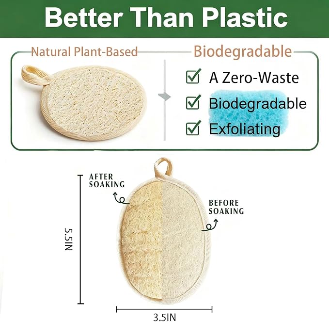 2 Pack Natural Loofah Sponge - Exfoliating Body Scrubber for Shower & Bath, Biodegradable & Gentle for Face Body Women Men