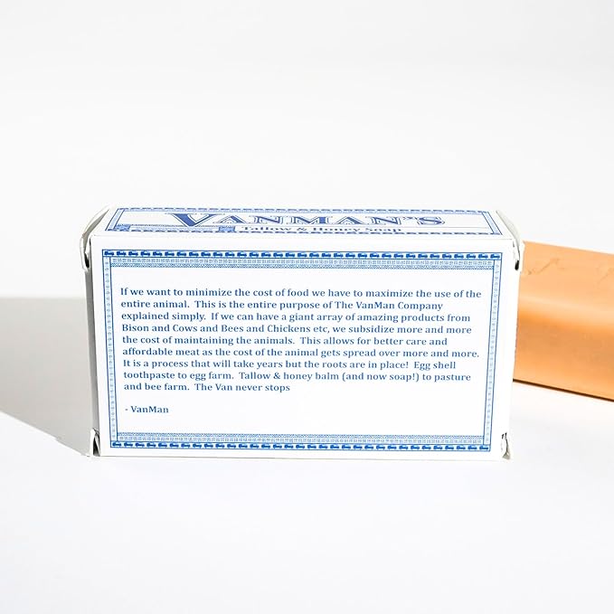 VanMan Beef Tallow and Honey Bar Soap – Pure Grass-Fed Beef Tallow for Skin with Raw Honey & Distilled Water, Unscented Soap, Hydrating & Nourishing, Clean Ingredients, 3.8oz - 3 Pack
