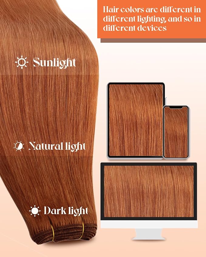 Sunny Hair Sew in Hair Extensions Real Human Hair Invisible Hand Tied Weft Hair Extensions Human Hair Copper Real Hair Weft Extensions For Women Long Hair Extensions Sew in 20inch 100g