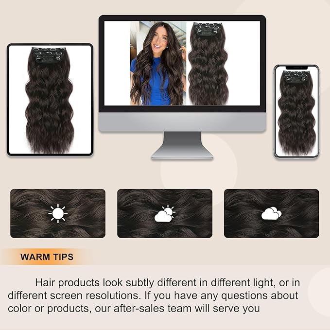 ALXNAN Clip in Long Wavy Synthetic Hair Extension 4PCS 24 Inch Dark Brown Thick Hairpieces Fiber Double Weft Hair for Women