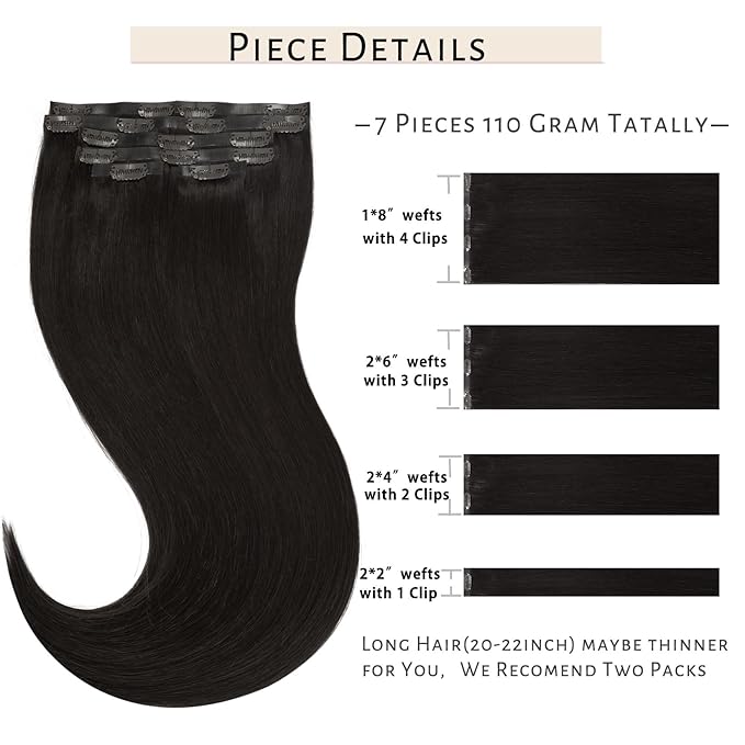 Caliee Hair Extensions Seamless Clip in Human Hair Ultra Thin PU Weft Color 1B Natural Black Clip in Hair Extensions Straight 7Pcs Full Head Clip on Human Hair 110G 20Inch