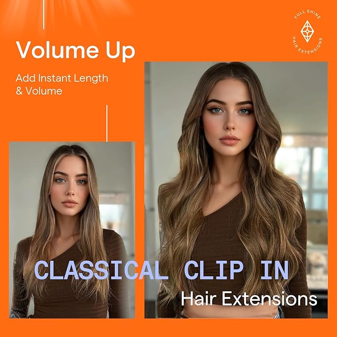 Full Shine Ombre Hair Extensions Dark Brown Ombre Light Brown Mix Honey Blonde Ombre Clip in Hair Extensions Double Weft Seamless Clip ins 18 Inch 7 Pcs 120 G