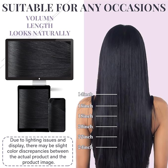 Fshine Human Hair Extension, 16 Inch 50 Gram Remy Hair Weft, Color #1 Black, for Women
