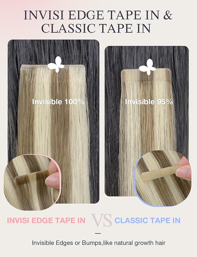 DOORES Invisi Edge Tape in Hair Extensions Real Human Hair, Light Brown Highlighted Medium Blonde 10 Injection Tapeins with 10 Classic Tapeins 50g 14 Inch, Injection Tape in