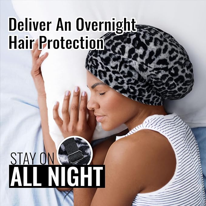 Satin Lined Sleep Cap Bonnet for Curly Hair and Braids, Stay On All Night Hair Wrap with Adjustable Strap for Women and Men, Black Leopard, Pack of 1