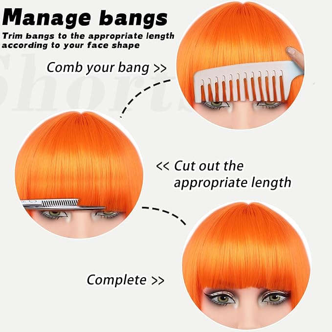 MAYSA Orange Bob Wig with Bangs for Women Short Straight Bob Wigs 12in Synthetic Cosplay Halloween Party Neon Wigs # Orange