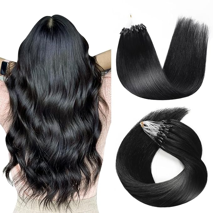 SUYYA Microlink Jet Black Micro Loop Hair Extensions - Real Human Hair Straight Micro Links - 50 Strands, 50g/Pack for Women (18 inch #1)