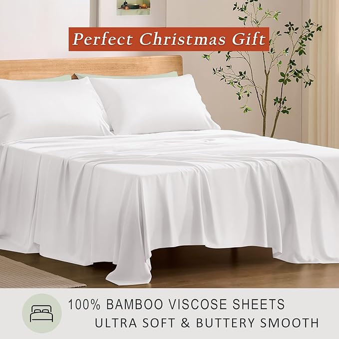 TOSMO Luxury Cooling Sheet Set - 100% Viscose from Bamboo, 4-Piece Bedding Set (Cal King Size) - 18” Extra Deep Pockets, Oeko-Tex Certified, Silky Soft and Breathable, Classic White