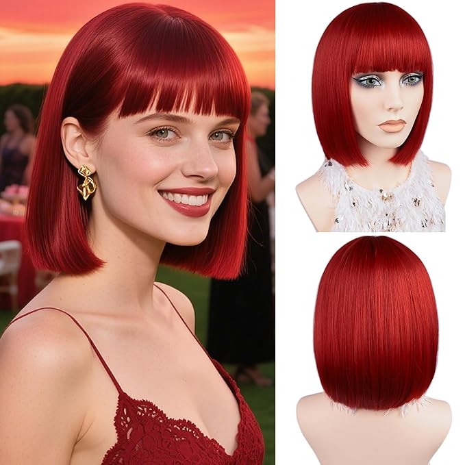 MAYSA Red Bob Wig with Bangs Short Straight Colorful Bob Wigs 12in Synthetic Cosplay Daily Party Neon Wigs for Women # Red