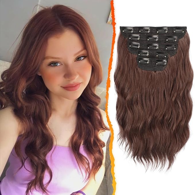 BARSDAR Clip in Hair Extensions - 5PCs Chestnut Wavy 14 Inch Thick Soft Synthetic Clip in Hairpieces Daily Party Halloween - Copper Chestnut