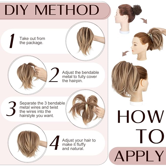 Claw Clip Short Ponytail Hair Extensions Messy Bun Hair Piece Pony Tails Hair Extensions with Bendable Metal Wire Hair Pieces DIY Style 8 Inch 12T24 Caramel Brown to Mousy blonde