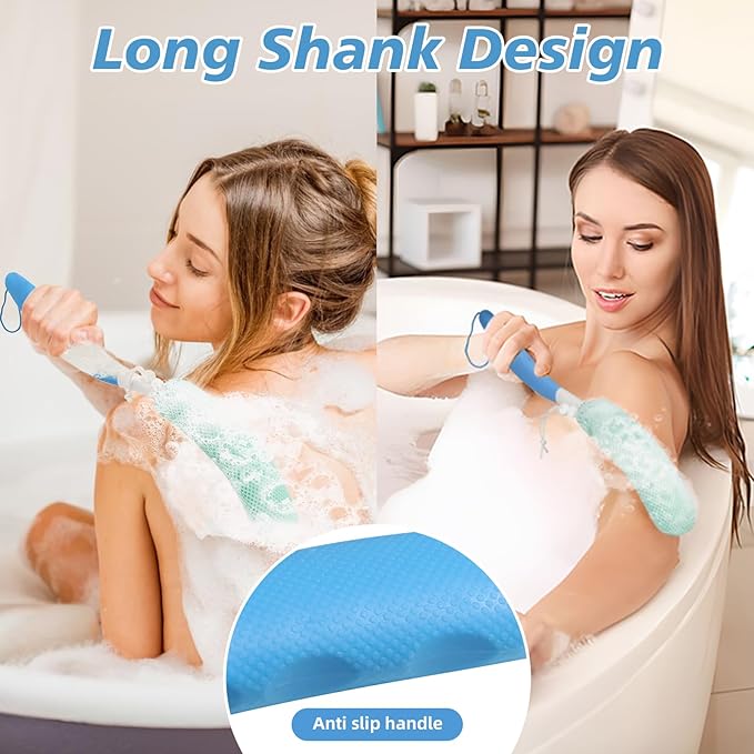 Shower Brush with Long Handle，15.35" Back Brush，Long Back Scrubber for Men Women，Long Handled Sponge Body Exfoliator, Loofah Back Scrubber for Aid Bathing