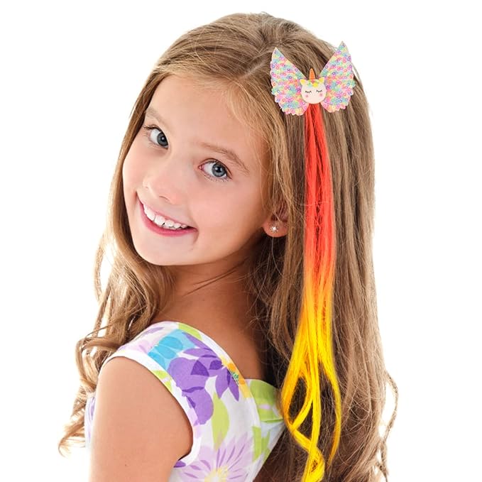 Ideal Swan 6 Set Unicorn Hair Extensions Clip - Colorful Curly Hair Extensions for Girls, Cute Unicorn Accessories Hair Clips for Kids Ponytails, Rainbow Thick Wig Clip in Fake Bangs (Curly Hair)