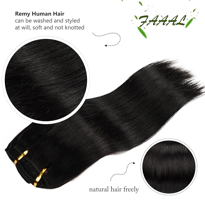 14" Clip in Human Hair Extensions Full Head 110g 7 Pieces 16 Clips Natural Black Double Weft Brazilian Real Remy Hair Extensions Thick Straight Silky (14",110g 1B#)