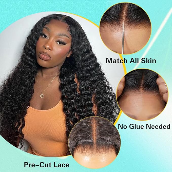7x5 Deep Wave Glueless Wigs Human Hair Pre Plucked Pre Cut HD Lace 200% Density 7x5 Deep Wave Lace Front Wigs Human Hair 26 Inch Curly Wear and Go Drawstring Wig for Women Beginner Friendly