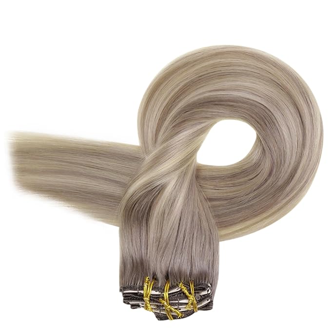 Full Shine Clip on Hair Extensions Human Hair 16 Inch Balayage Grey to Platinum Blonde Clip in Extensions for Women Grey Blonde Hair Extensions 7 Pcs 120 G