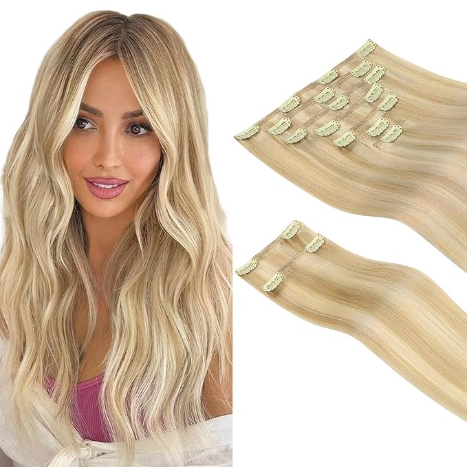 HOTBANANA Clip in Hair Extensions Real Human Hair, 135g 9pcs 16 inch Dirty Blonde Mixed Bleach Blonde Straight Remy Clip in Extensions Full Head for Women