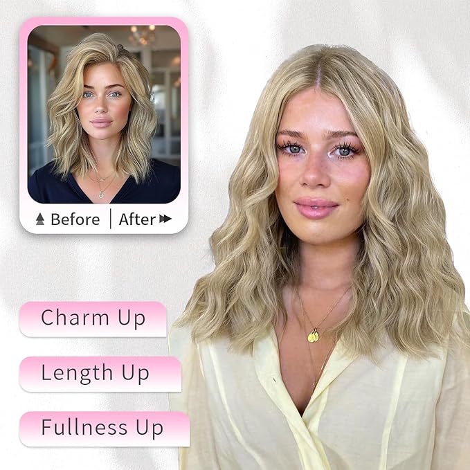 KooKaStyle Short Hair Extensions 6PCS 14 Inch Wavy Curly Hairpieces Synthetic Soft Lace Weft Clip in Hair Extensions-Ash Brown mix Platinum Blonde for Women