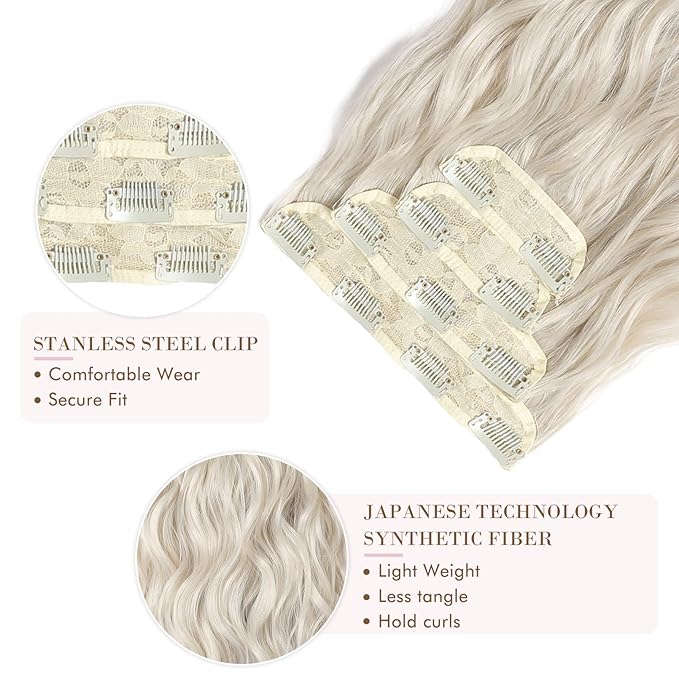 REECHO Hair Extensions, 4PCS Clip in Hair Extensions HE001 Natural Soft Synthetic Hairpieces for Women, Platium Blonde