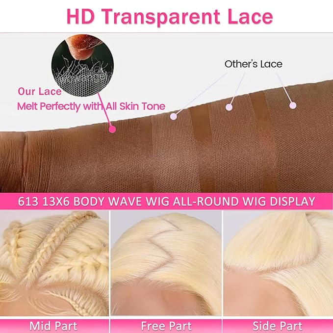 613 Lace Front Wig Human Hair 200 Density 13x6 Body Wave Blonde Wig Human Hair 613 HD Blonde Lace Front Wigs 613 Lace Frontal Wigs Pre Plucked for Women (26 Inch)