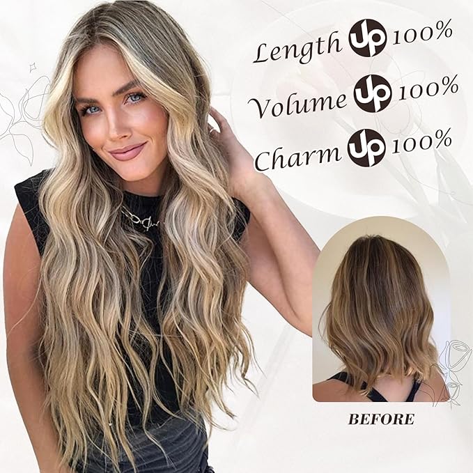 BARSDAR Clip in Hair Extensions for Women - 6PCs Long Wavy Highlight Balayage Hair Extensions - 20 Inch Full Head Thick Soft Synthetic Clip in Hairpieces Daily - Ash Brown & Blonde