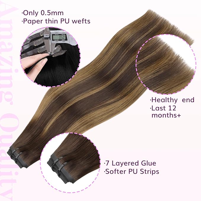 IDN BEAUTY Seamless Clip In Hair Extensions Human Hair 4/27/4 Balayage Chocolate Brown to Caramel Blonde Straight Seamless Clip Ins For Black Women PU Weft Invisible Edge 110g 20 Inch 7pcs