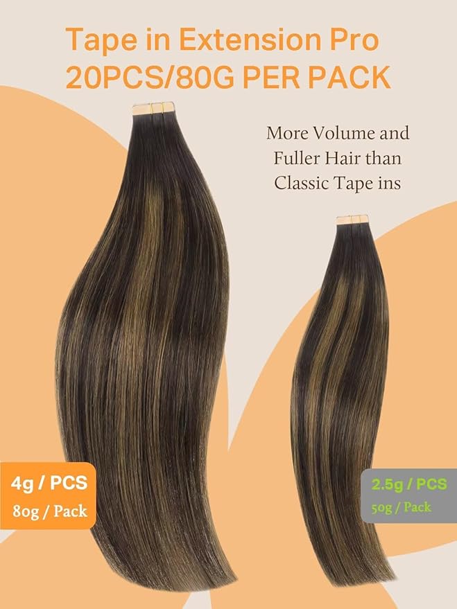 DOORES Tape in Human Hair Extensions Remy, 20 Inch 80g Thick Balayage Dark Brown to Chestnut Brown 20pcs Real Hair Tape in Straight Natural Glue in Extensions Human Skin Weft