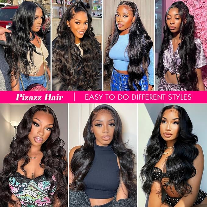Pizazz 13x6 HD Transparent Lace Front Wigs Human hair Pre Plucked 180 Density Brazilian Body Wave Frontal Wigs Human Hair with Baby Hair Natural Hairline Natural Black Color 28Inch