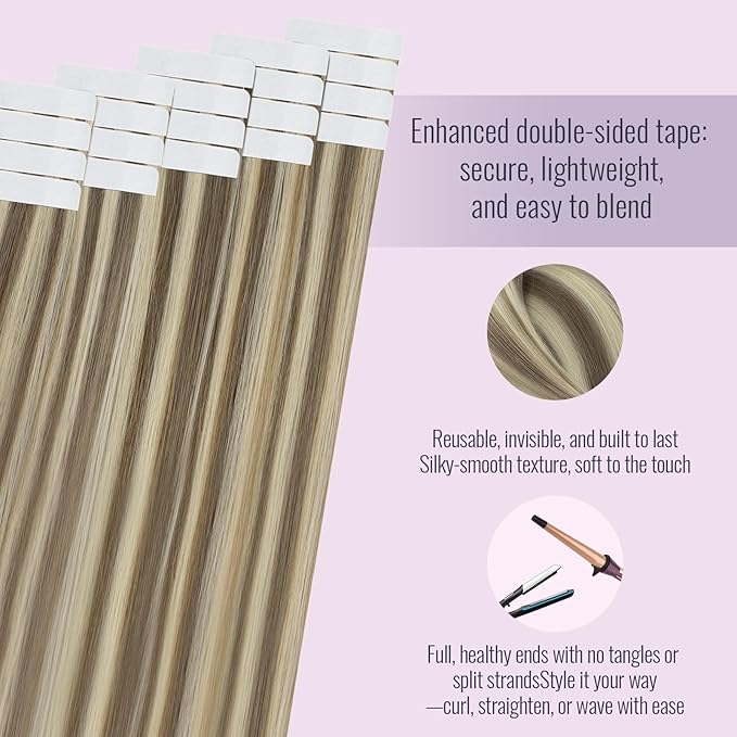Fshine Hair Extension Tape ins 20 pcs 50 g 12 Inch Highlight Tape in Hair Extensions Color Light Brown and Highlighted Platinum Blonde Glue in extensions,for Women, Ladies & Girls