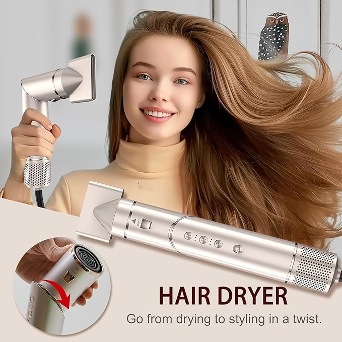 5 in 1 Blow Dryer Brush & Hot Air Styler–110,000 RPM High-Speed Hair Dryer with Auto Wrap Curlers & Ionic Technology, Hot Air Brush Wrap Fast Drying, Curling/Volumizing/Straightening - Gold