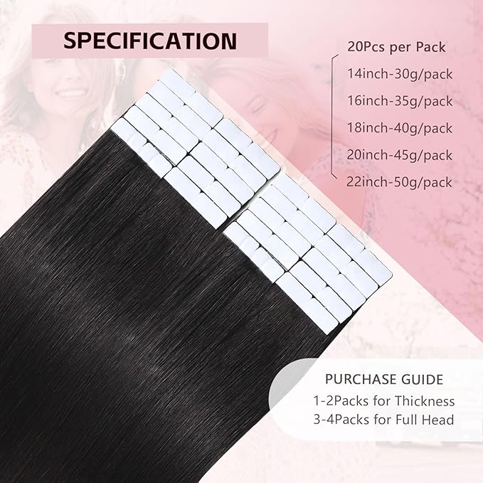 Injection Tape in Hair Extensions Human Hair Pro3.0#1B Natural Black 20pcs 35g 16inch Injected Hand-Tied Invisible Tape ins Extensions 3rd-Generation（#1B-16inch）