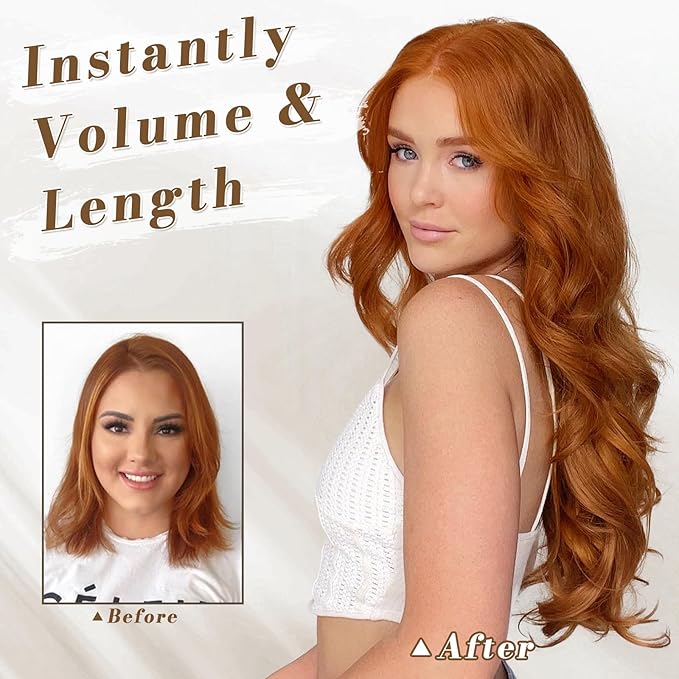 BARSDAR 20 Inch Wavy Clip in Hair Extensions – 5PCS Thick Soft Synthetic Hairpieces – Copper Red Full Head Clip in Hair Extensions for Women – Long Voluminous Easy Wear for Daily Party Halloween
