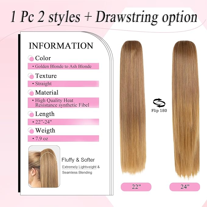 Ponytail Extension, 24" Long Straight Claw Clip Ponytail Extension clip on ponytails hair clip Hair claw clip Fake Ponytail Hairpieces for Women - Golden Blonde to Ash Blonde