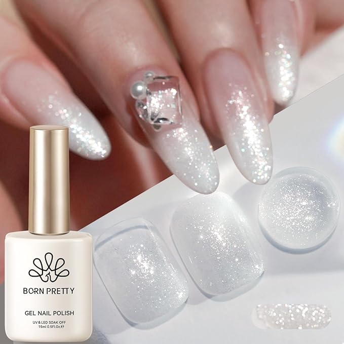Born Pretty Jelly Gel Nail Polish Milk Glitter Jelly Gel Polish Sparkle Moonlight White Color Gel Nail Polish Soak Off U V Gel Polish for Nail Art 15ml